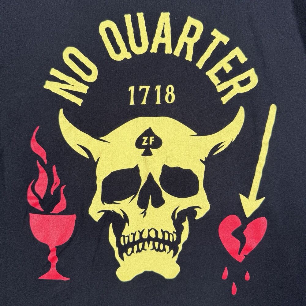 Zero Foxtrot T-Shirt Men Large Black Skull Buccaneer No Quarter Broken Heart